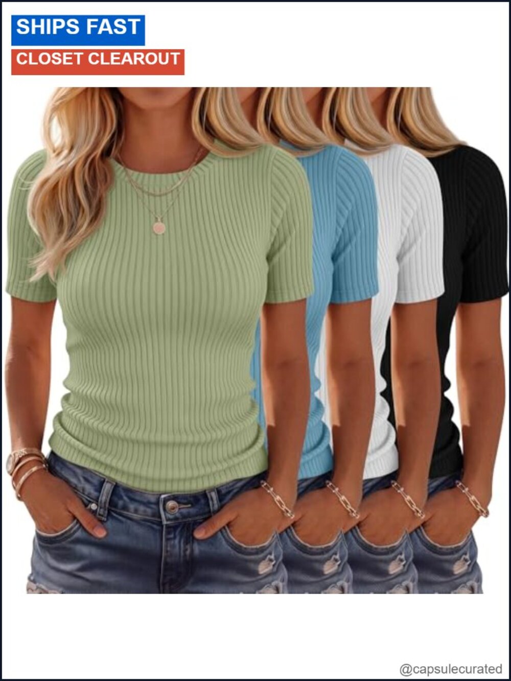 4 Pack Women's Ribbed Cotton Spandex Slim Fit Crew Neck T-Shirts